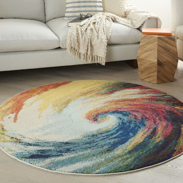 HomeRoots 4' Wave Abstract Area Rug - Modern Power Loomed Design, Soft Non-Skid Comfort for Any Room 5' Round Round 480163