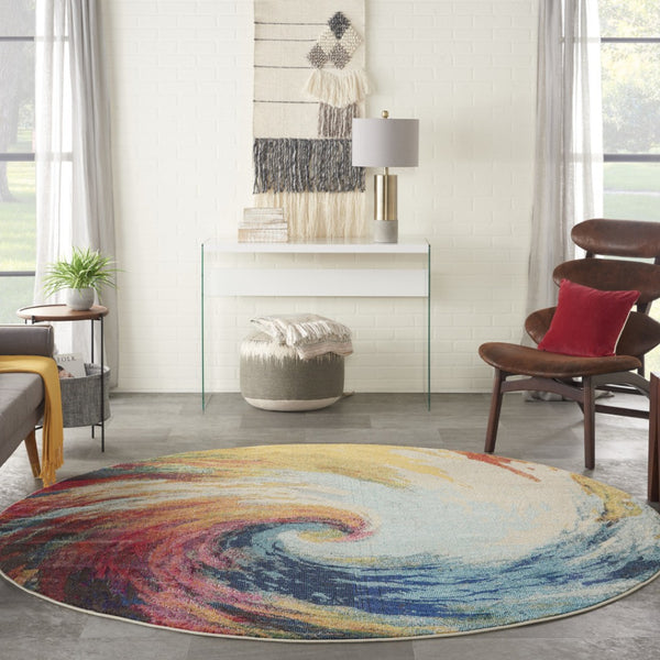 HomeRoots 4' Wave Abstract Area Rug - Modern Power Loomed Design, Soft Non-Skid Comfort for Any Room 8' Round Round 480165