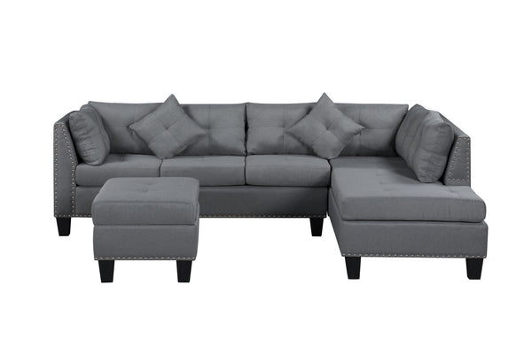 English Elm 104.5" Upholstered Sofa Chaise & Ottoman Gray - Coin-Spring Cushions, Storage Ottoman, Solid Wood Frame W2297S00018