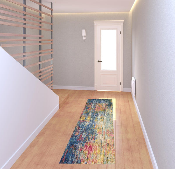 HomeRoots 2' X 8' Bold Blue and Yellow Abstract Power Loom Non-Skid Runner Rug for Hallways and Entryways 480177