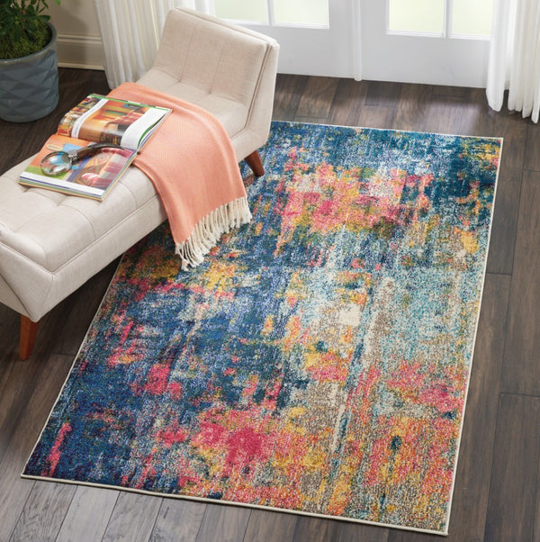 HomeRoots 4' Abstract Area Rug in Vibrant Blue and Yellow – Soft, Non-Skid, Durable Design for Any Space 4' X 6' Rectangle 480178
