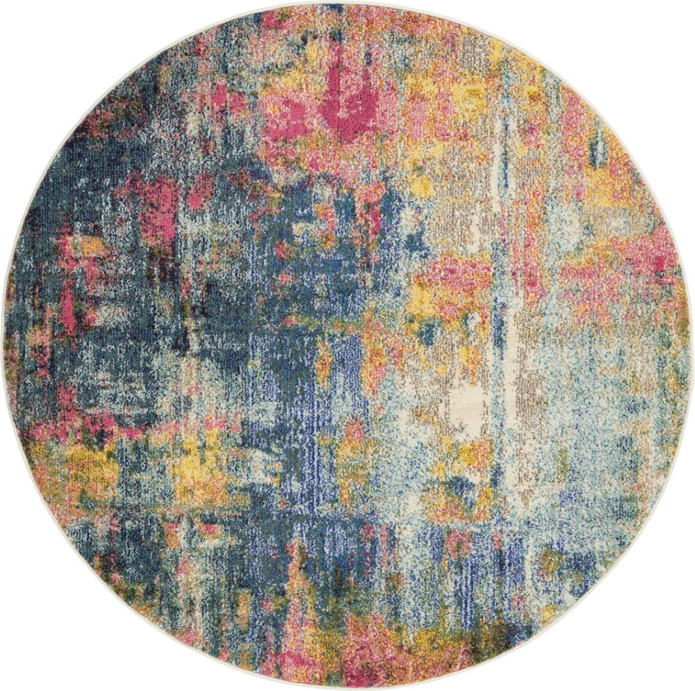HomeRoots 4' Abstract Area Rug in Vibrant Blue and Yellow – Soft, Non-Skid, Durable Design for Any Space 5' Round Round 480180
