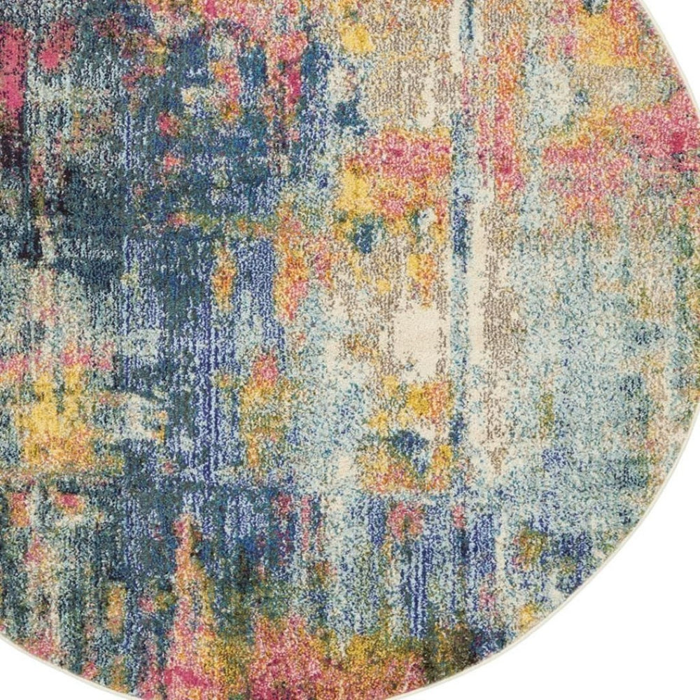 HomeRoots 4' Abstract Area Rug in Vibrant Blue and Yellow – Soft, Non-Skid, Durable Design for Any Space 5' Round Round 480180