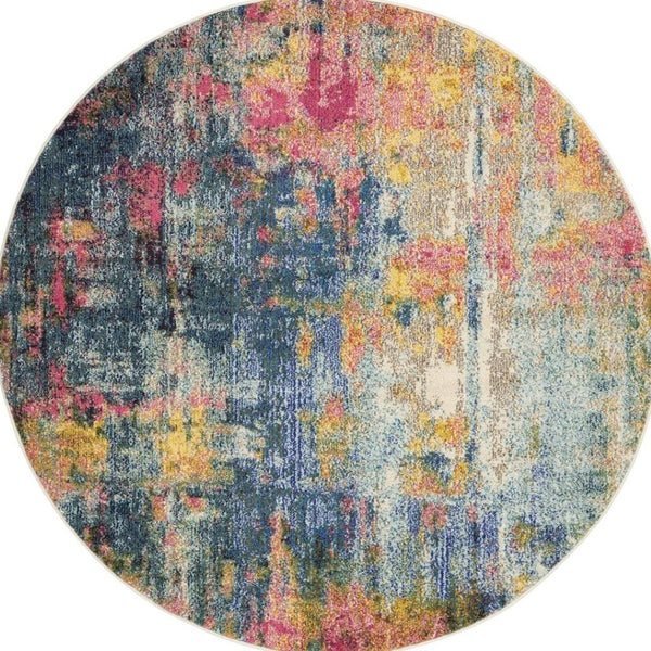 HomeRoots 4' Abstract Area Rug in Vibrant Blue and Yellow – Soft, Non-Skid, Durable Design for Any Space 5' Round Round 480180