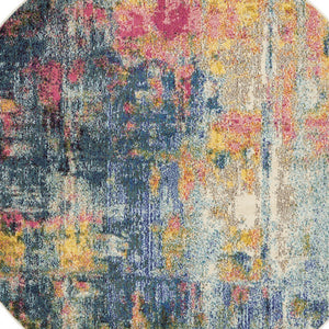 Homeroots 5' X 5' Blue And Yellow Round Abstract Power Loom Non Skid Area Rug  Polypropylene 480180