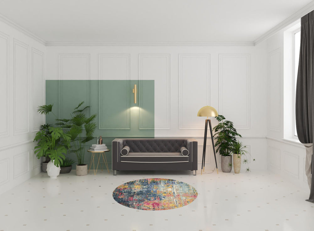 Homeroots 5' X 5' Blue And Yellow Round Abstract Power Loom Non Skid Area Rug  Polypropylene 480180