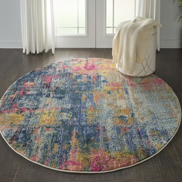 HomeRoots 4' Abstract Area Rug in Vibrant Blue and Yellow – Soft, Non-Skid, Durable Design for Any Space 5' Round Round 480180