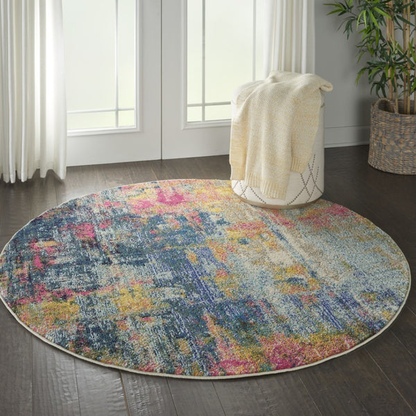 HomeRoots 4' Abstract Area Rug in Vibrant Blue and Yellow – Soft, Non-Skid, Durable Design for Any Space 5' Round Round 480180