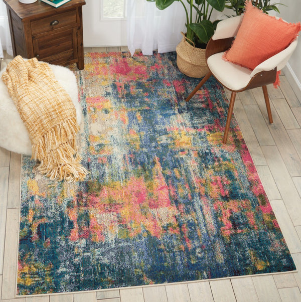 HomeRoots 4' Abstract Area Rug in Vibrant Blue and Yellow – Soft, Non-Skid, Durable Design for Any Space 5' X 7' Rectangle 480181