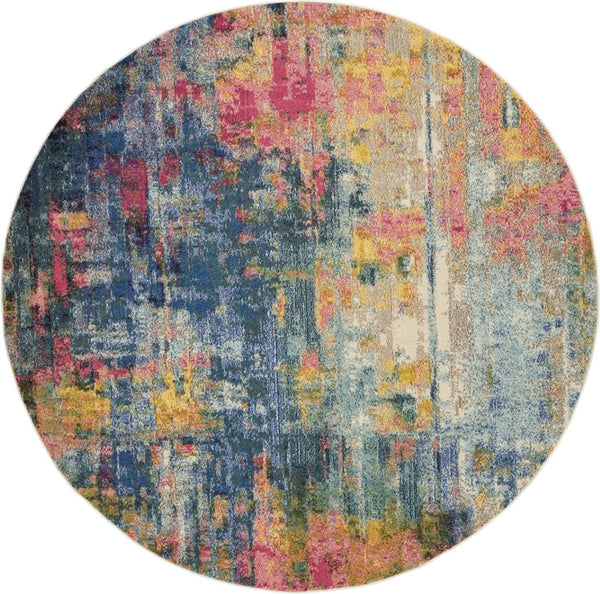 HomeRoots 4' Abstract Area Rug in Vibrant Blue and Yellow – Soft, Non-Skid, Durable Design for Any Space 8' Round Round 480182