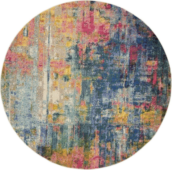 HomeRoots 4' Abstract Area Rug in Vibrant Blue and Yellow – Soft, Non-Skid, Durable Design for Any Space 8' Round Round 480182
