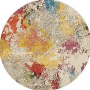 Homeroots 5' X 5' Ivory Round Abstract Power Loom Non Skid Area Rug  Polypropylene 480189