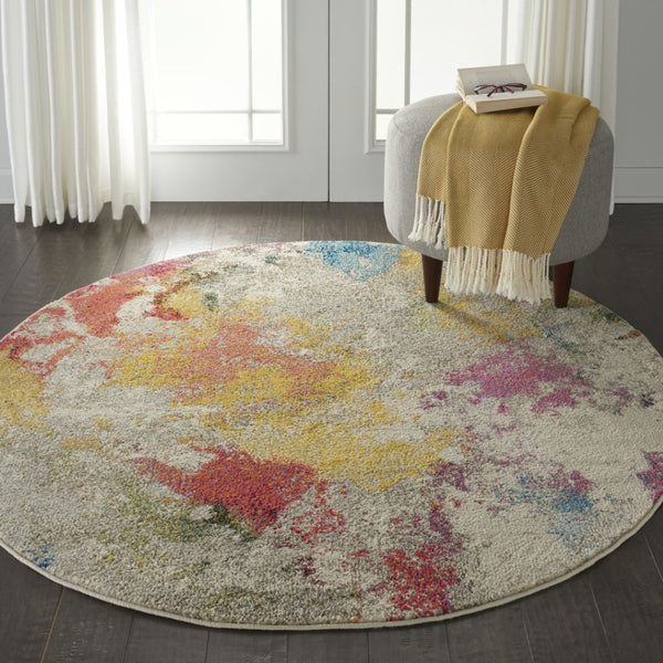 HomeRoots 4' Ivory Abstract Area Rug - Stylish Power Loom Design with Non-Skid Backing for Any Room Decor 5' Round Round 480189
