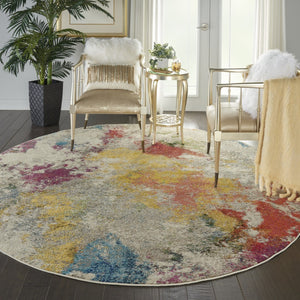 HomeRoots 4' Ivory Abstract Area Rug - Stylish Power Loom Design with Non-Skid Backing for Any Room Decor 8' Round Round 480191