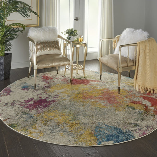 HomeRoots 4' Ivory Abstract Area Rug - Stylish Power Loom Design with Non-Skid Backing for Any Room Decor 8' Round Round 480191