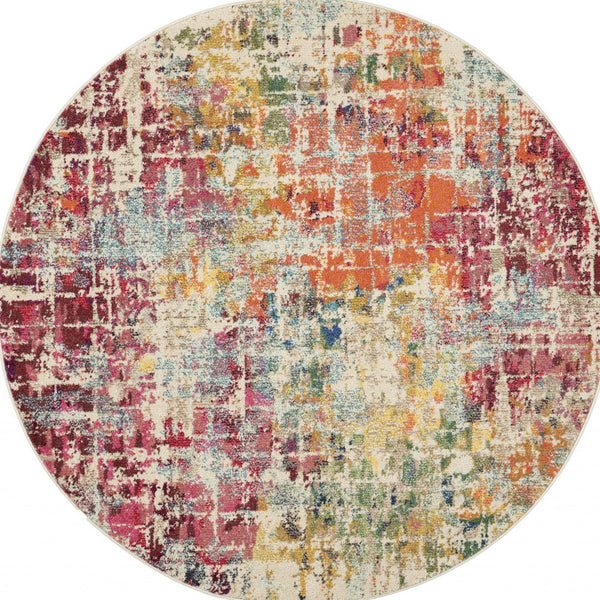 Homeroots 5' X 5' Pink Round Abstract Power Loom Distressed Non Skid Area Rug  Polypropylene 480197