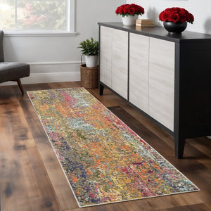 HomeRoots 8' Vibrant Blue, Yellow & Orange Abstract Runner Rug - Stylish, Stain-Resistant, Modern Design for Any Space 480202
