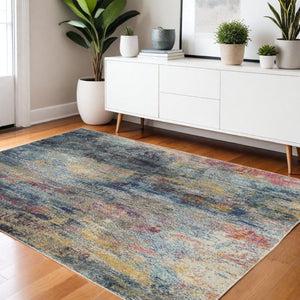 HomeRoots 4' Blue and Ivory Abstract Distressed Area Rug – Modern, Durable, and Easy-Care for Any Space 4' X 6' Rectangle 480217