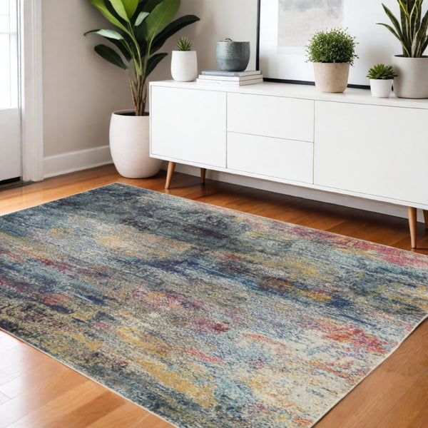 HomeRoots 4' Blue and Ivory Abstract Distressed Area Rug – Modern, Durable, and Easy-Care for Any Space 4' X 6' Rectangle 480217