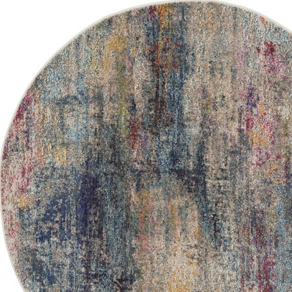 HomeRoots 4' Blue and Ivory Abstract Distressed Area Rug – Modern, Durable, and Easy-Care for Any Space 4' Round Round 480218