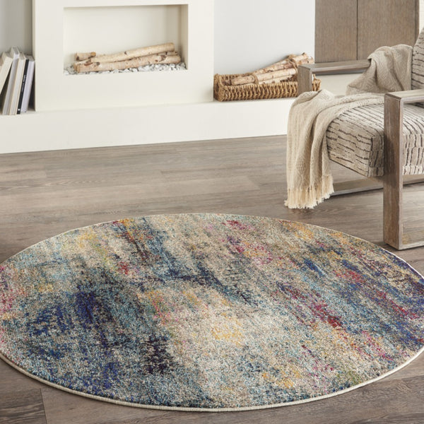 HomeRoots 4' Blue and Ivory Abstract Distressed Area Rug – Modern, Durable, and Easy-Care for Any Space 4' Round Round 480218