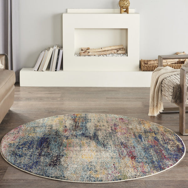HomeRoots 4' Blue and Ivory Abstract Distressed Area Rug – Modern, Durable, and Easy-Care for Any Space 5' Round Round 480219