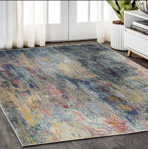 HomeRoots 4' Blue and Ivory Abstract Distressed Area Rug – Modern, Durable, and Easy-Care for Any Space 5' X 7' Rectangle 480220
