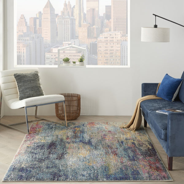 HomeRoots 4' Blue and Ivory Abstract Distressed Area Rug – Modern, Durable, and Easy-Care for Any Space 5' X 7' Rectangle 480220