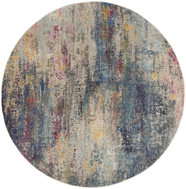 HomeRoots 4' Blue and Ivory Abstract Distressed Area Rug – Modern, Durable, and Easy-Care for Any Space 8' Round Round 480221