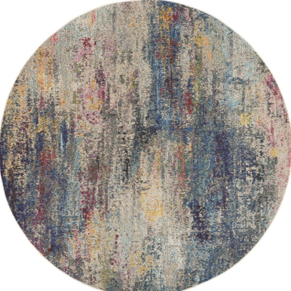 HomeRoots 4' Blue and Ivory Abstract Distressed Area Rug – Modern, Durable, and Easy-Care for Any Space 8' Round Round 480221