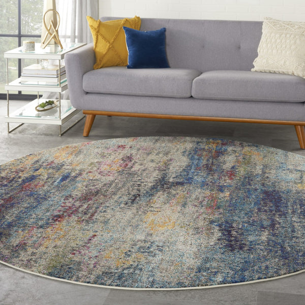 HomeRoots 4' Blue and Ivory Abstract Distressed Area Rug – Modern, Durable, and Easy-Care for Any Space 8' Round Round 480221