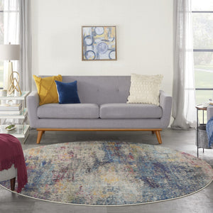 HomeRoots 4' Blue and Ivory Abstract Distressed Area Rug – Modern, Durable, and Easy-Care for Any Space 8' Round Round 480221