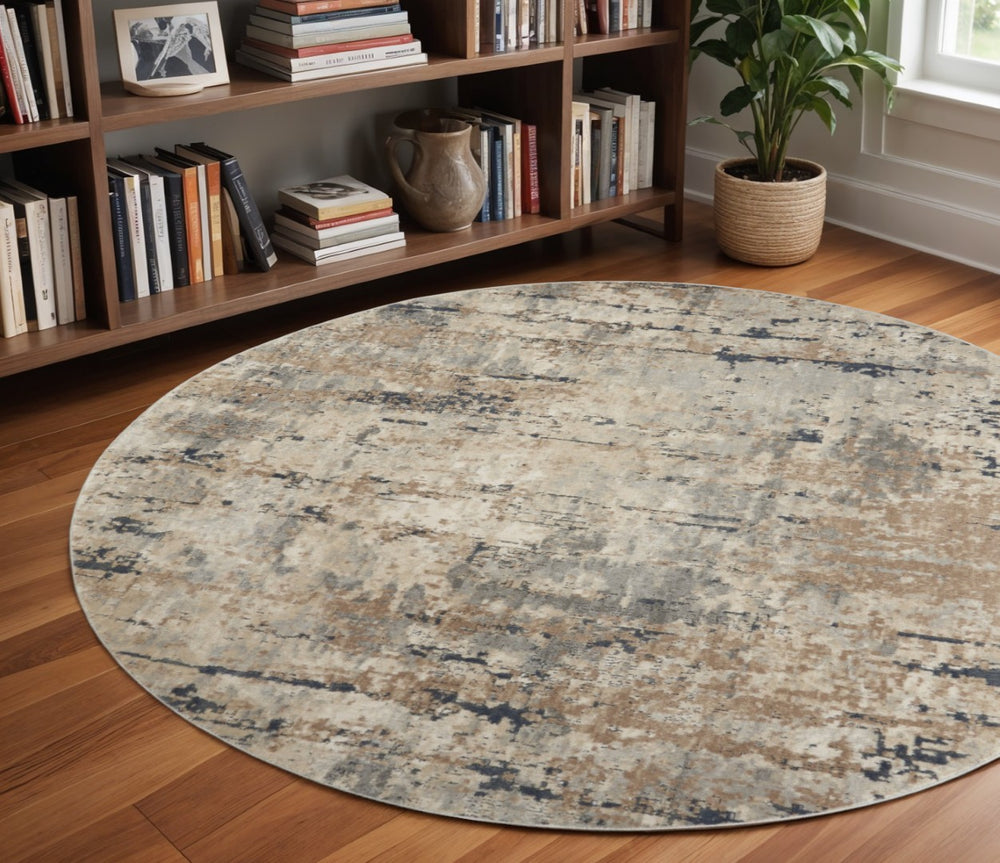 HomeRoots 5' Sophisticated Beige and Grey Abstract Area Rug - Non-Skid, Power-Loomed for Modern Spaces 8' Round Round 480229