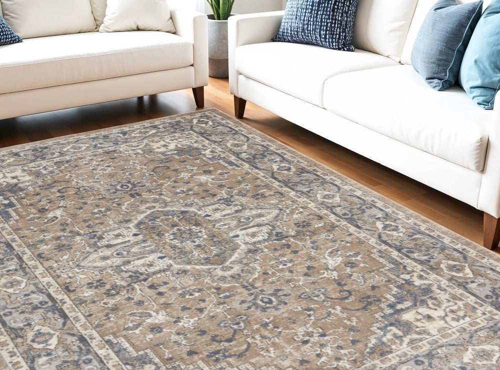Homeroots 5' X 7' Beige And Grey Oriental Power Loom Non Skid Area Rug  Polypropylene 480251