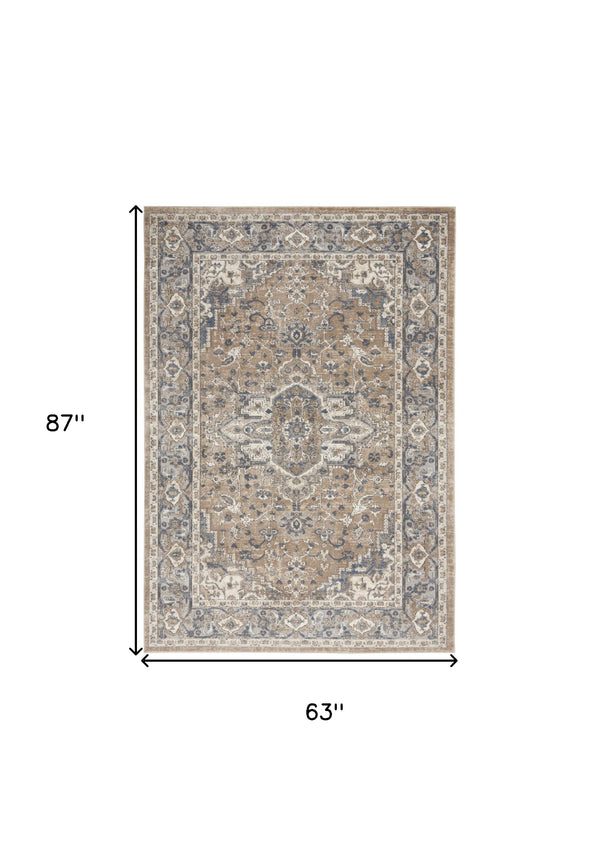Homeroots 5' X 7' Beige And Grey Oriental Power Loom Non Skid Area Rug  Polypropylene 480251