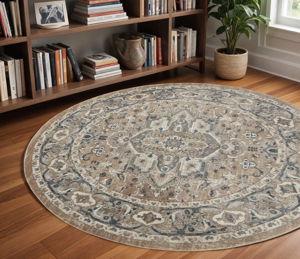 HomeRoots 5' Elegant Beige and Grey Oriental Area Rug - Durable, Non-Skid, Timeless Design for Any Room 8' Round Round 480252