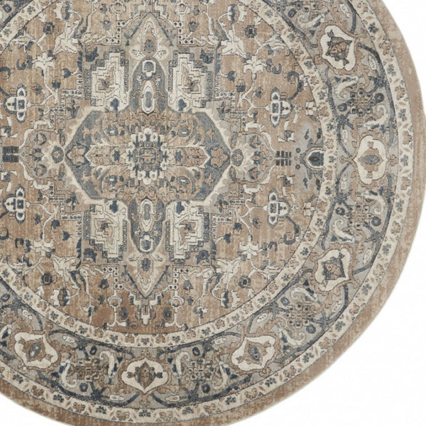 HomeRoots 5' Elegant Beige and Grey Oriental Area Rug - Durable, Non-Skid, Timeless Design for Any Room 8' Round Round 480252