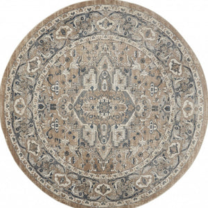 HomeRoots 5' Elegant Beige and Grey Oriental Area Rug - Durable, Non-Skid, Timeless Design for Any Room 8' Round Round 480252