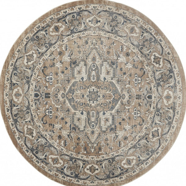 HomeRoots 5' Elegant Beige and Grey Oriental Area Rug - Durable, Non-Skid, Timeless Design for Any Room 8' Round Round 480252