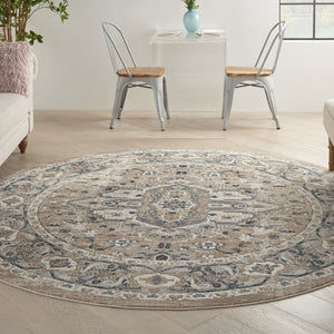 HomeRoots 5' Elegant Beige and Grey Oriental Area Rug - Durable, Non-Skid, Timeless Design for Any Room 8' Round Round 480252
