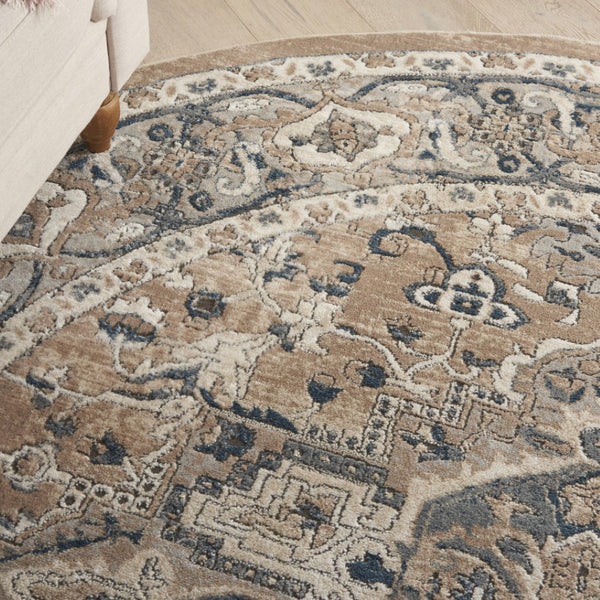 HomeRoots 5' Elegant Beige and Grey Oriental Area Rug - Durable, Non-Skid, Timeless Design for Any Room 8' Round Round 480252