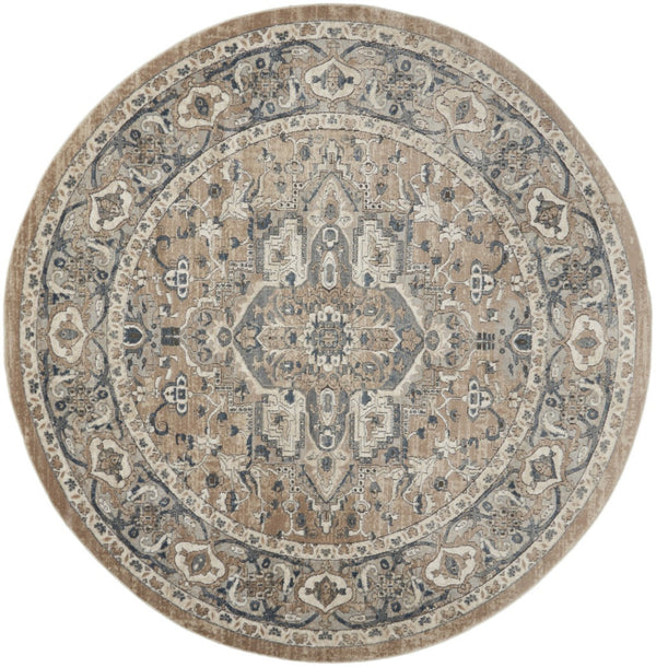 HomeRoots 5' Elegant Beige and Grey Oriental Area Rug - Durable, Non-Skid, Timeless Design for Any Room 8' Round Round 480252