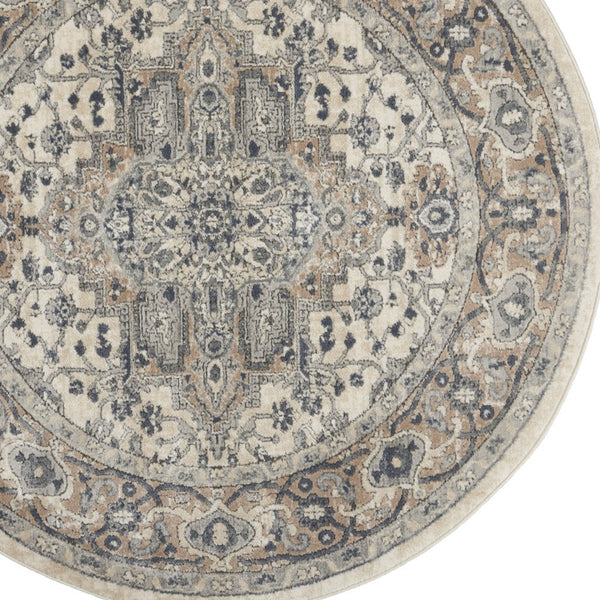 Homeroots 5' X 5' Ivory And Grey Round Oriental Non Skid Area Rug  Polypropylene 480258