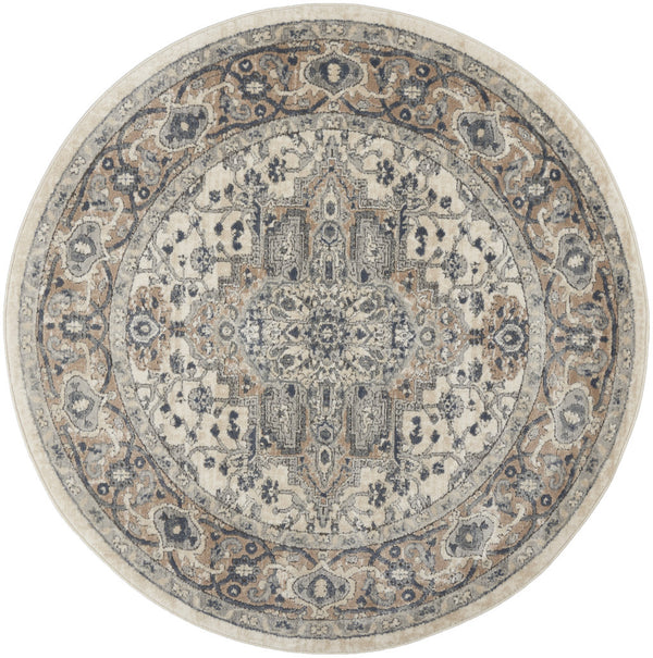 Homeroots 5' X 5' Ivory And Grey Round Oriental Non Skid Area Rug  Polypropylene 480258