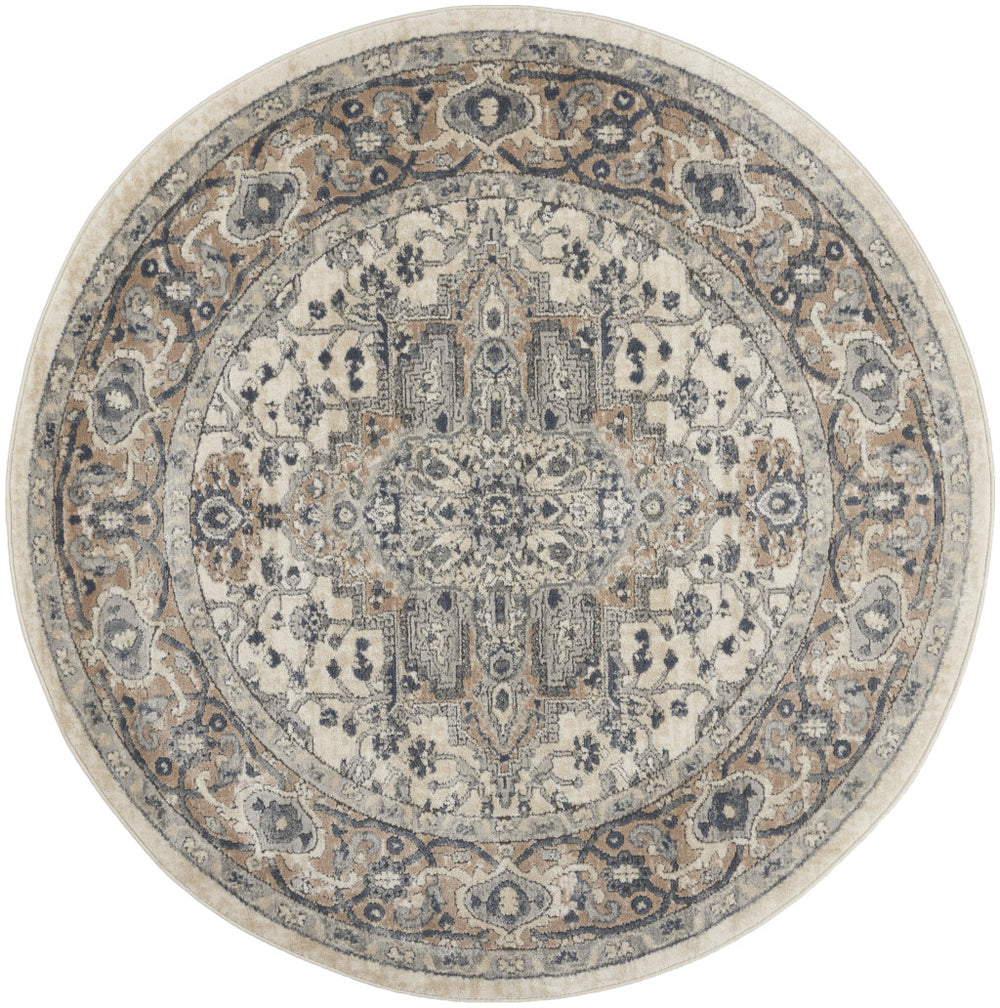Homeroots 5' X 5' Ivory And Grey Round Oriental Non Skid Area Rug  Polypropylene 480258