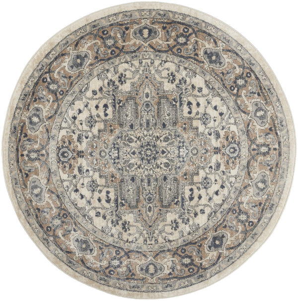 Homeroots 5' X 5' Ivory And Grey Round Oriental Non Skid Area Rug  Polypropylene 480258