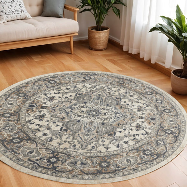 HomeRoots 8' Ivory and Grey Oriental Power Loom Area Rug for Elegant Living Spaces - Soft, Non-Skid Design 8' Round Round 480260
