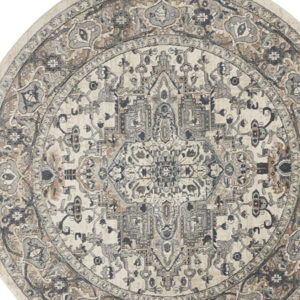 HomeRoots 8' Ivory and Grey Oriental Power Loom Area Rug for Elegant Living Spaces - Soft, Non-Skid Design 8' Round Round 480260
