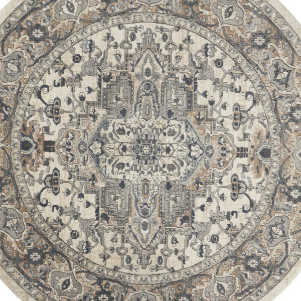 HomeRoots 8' Ivory and Grey Oriental Power Loom Area Rug for Elegant Living Spaces - Soft, Non-Skid Design 8' Round Round 480260