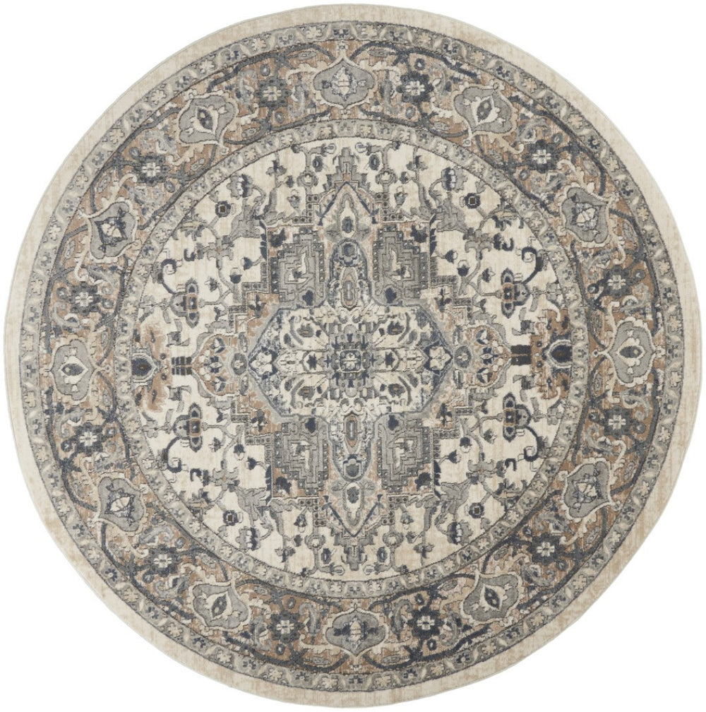 HomeRoots 8' Ivory and Grey Oriental Power Loom Area Rug for Elegant Living Spaces - Soft, Non-Skid Design 8' Round Round 480260